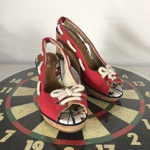 Sperry Top-Sider Southport Red Canvas Peep Toe Slingback Wedge Sandal Shoe Wmn 8